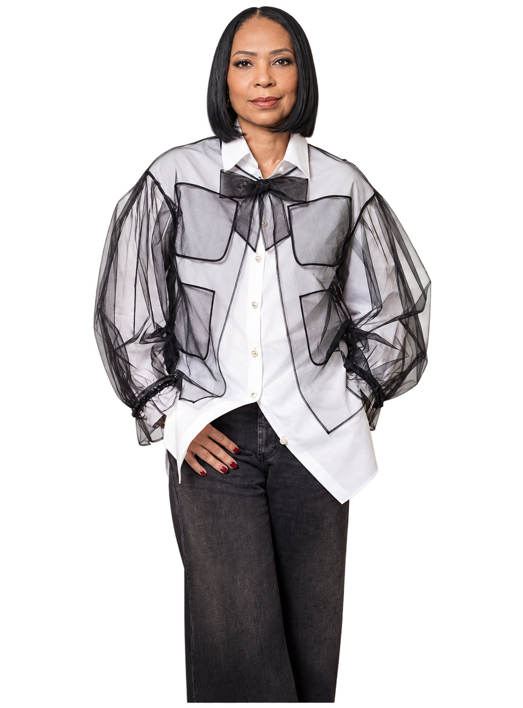 Patricia Lewis in a white shirt with black tulle overlay